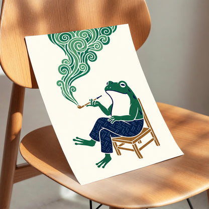 The Pipe-Smoking Frog, green, beige, blue nature wall art displayed in a styled interior, gallery view 5