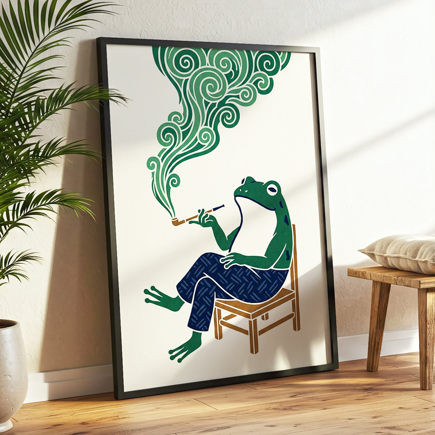 The Pipe-Smoking Frog, green, beige, blue nature wall art displayed in a styled interior, gallery view 6