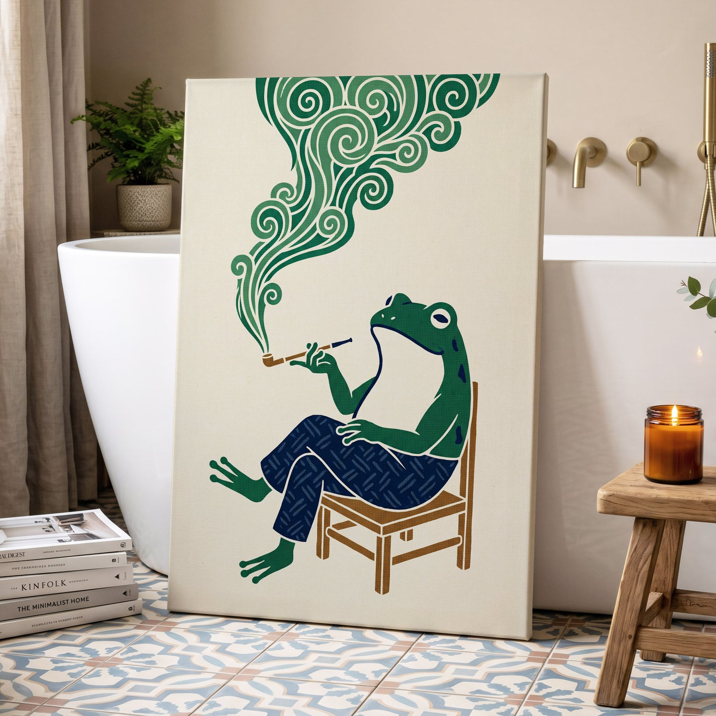 The Pipe-Smoking Frog, green, beige, blue nature wall art displayed in a styled interior, gallery view 7