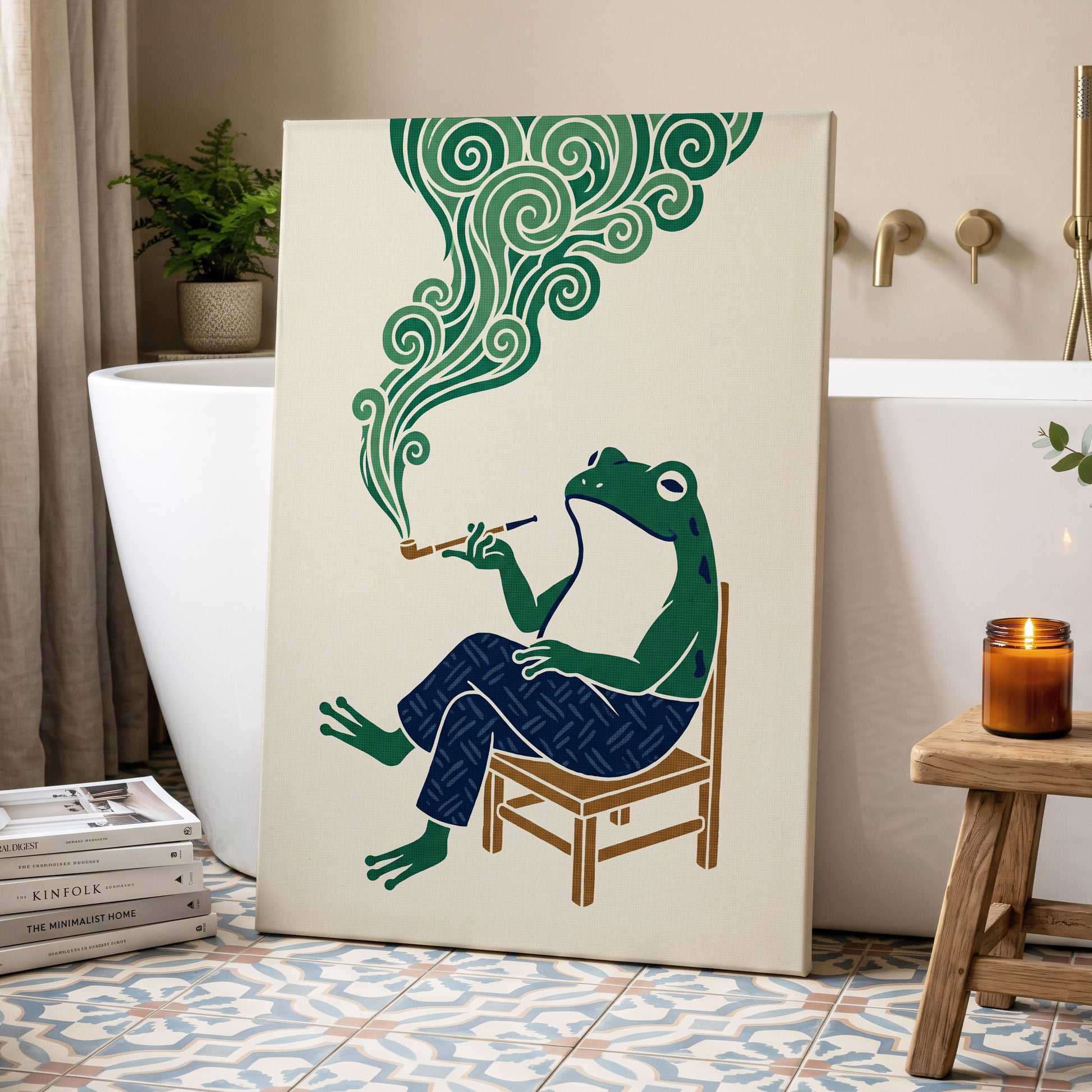 The Pipe-Smoking Frog, green, beige, blue nature wall art displayed in a styled interior, gallery view 7