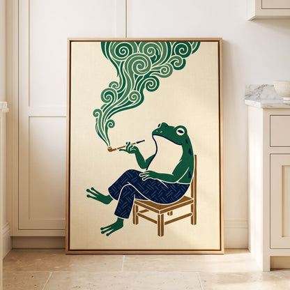 The Pipe-Smoking Frog, green, beige, blue nature wall art displayed in a styled interior, gallery view 8