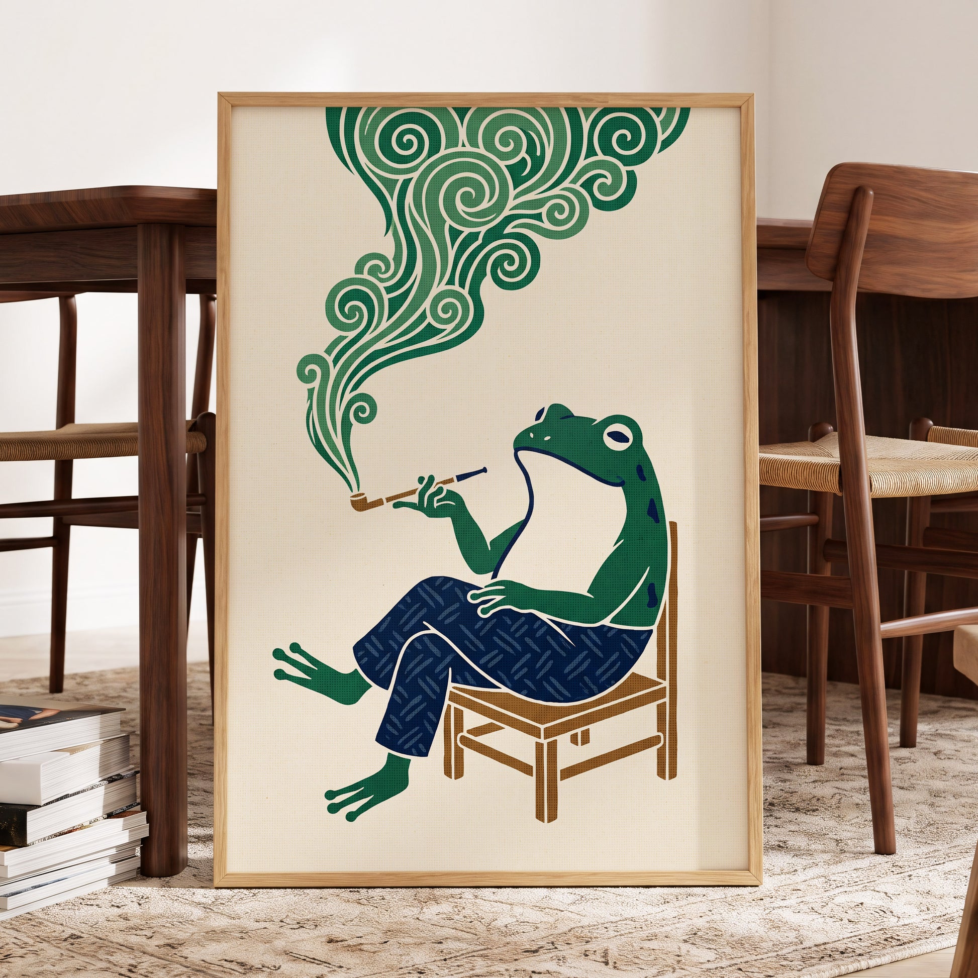 The Pipe-Smoking Frog, green, beige, blue nature wall art displayed in a styled interior, gallery view 9