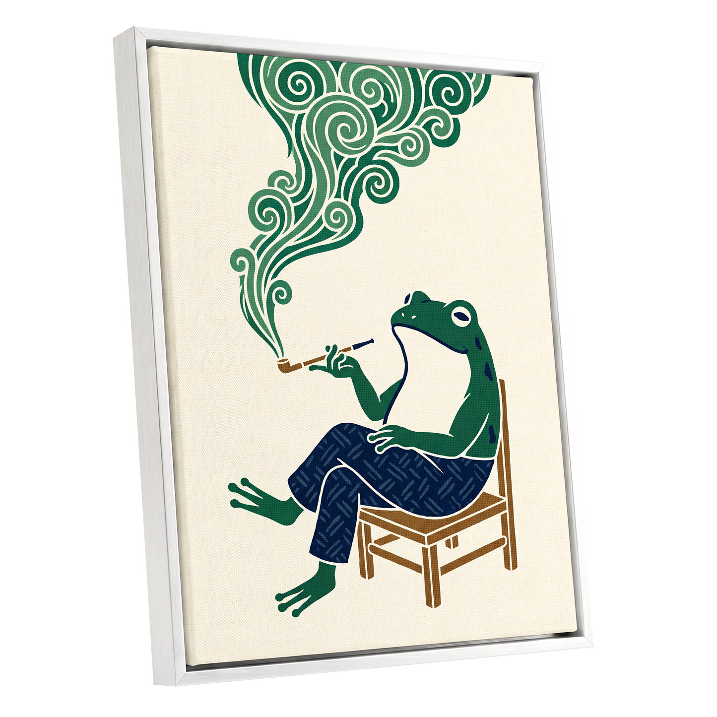 The Pipe-Smoking Frog, green, beige, blue nature wall art shown as a white framed canvas wall art