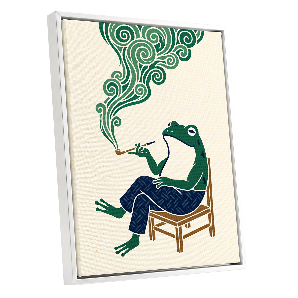 The Pipe-Smoking Frog, green, beige, blue nature wall art shown as a white framed canvas wall art