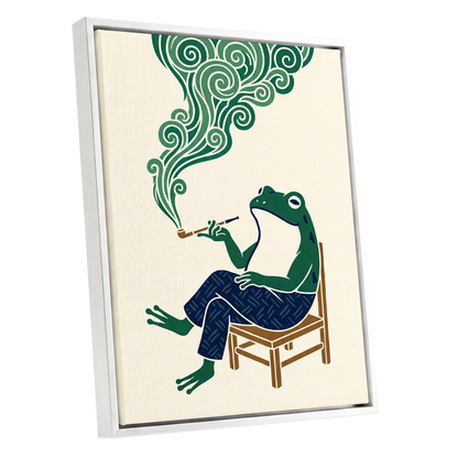 The Pipe-Smoking Frog, green, beige, blue nature wall art shown as a white framed canvas wall art
