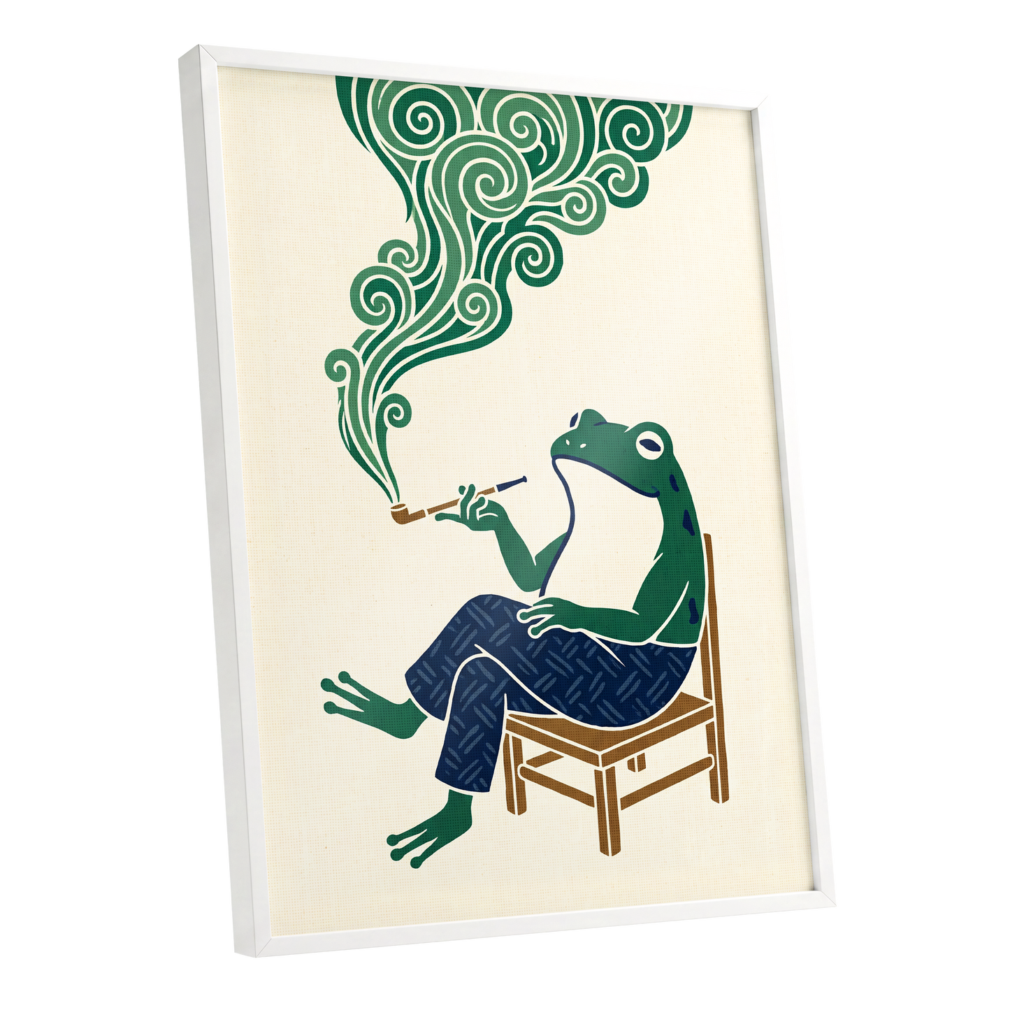 The Pipe-Smoking Frog, green, beige, blue nature wall art shown as a white framed poster wall art print