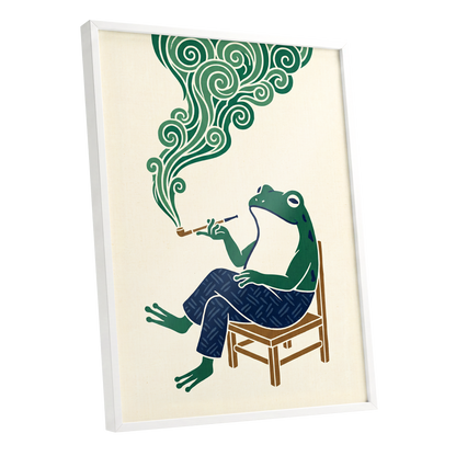 The Pipe-Smoking Frog, green, beige, blue nature wall art shown as a white framed poster wall art print