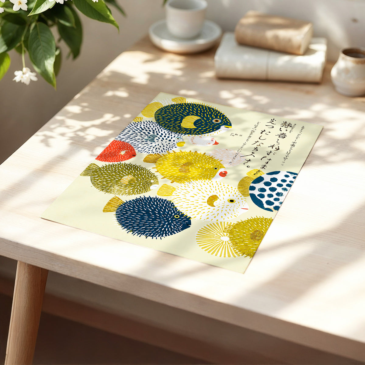The Pufferfish Parade, blue, yellow, white nature wall art displayed in a styled interior, gallery view 5