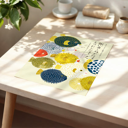 The Pufferfish Parade, blue, yellow, white nature wall art displayed in a styled interior, gallery view 5