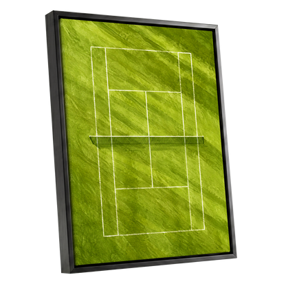 The Quiet Court, green, white, black minimalist wall art shown as a black framed canvas wall art