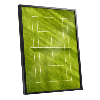 The Quiet Court, green, white, black minimalist wall art shown as a black framed poster wall art print