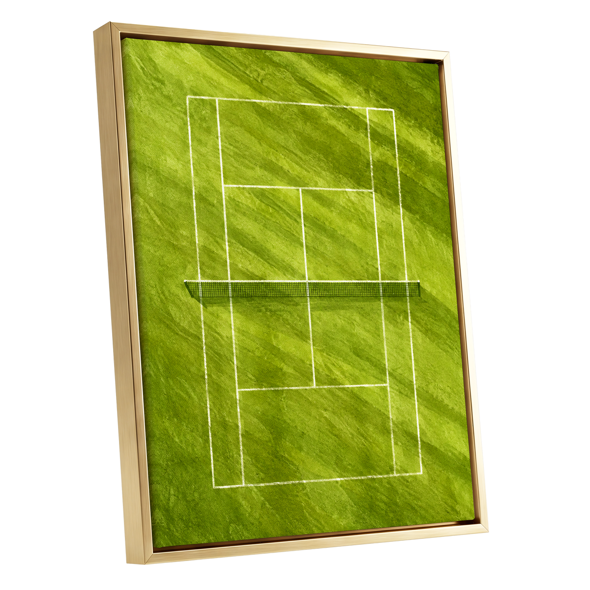 The Quiet Court, green, white, black minimalist wall art shown as a gold framed canvas wall art
