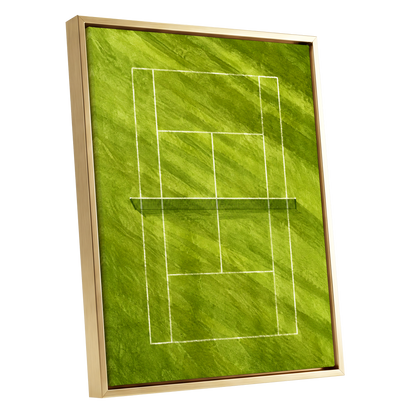 The Quiet Court, green, white, black minimalist wall art shown as a gold framed canvas wall art