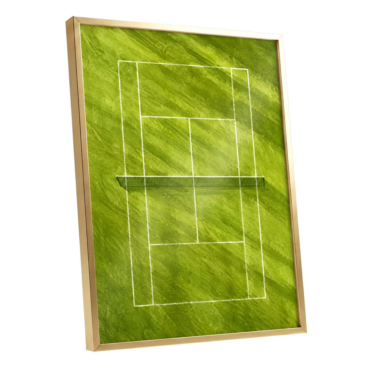 The Quiet Court, green, white, black minimalist wall art shown as a gold framed poster wall art print