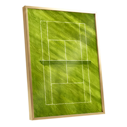The Quiet Court, green, white, black minimalist wall art shown as a gold framed poster wall art print
