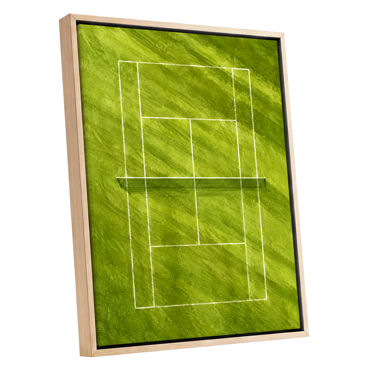 The Quiet Court, green, white, black minimalist wall art shown as a oak framed canvas wall art