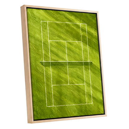 The Quiet Court, green, white, black minimalist wall art shown as a oak framed canvas wall art