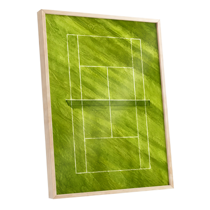 The Quiet Court, green, white, black minimalist wall art shown as a oak framed poster wall art print