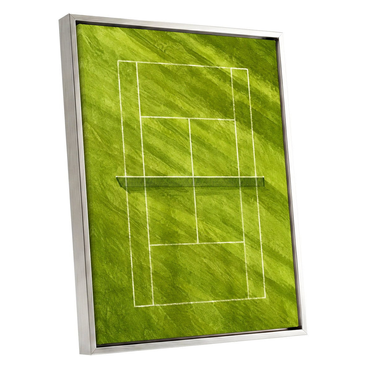 The Quiet Court, green, white, black minimalist wall art shown as a silver framed canvas wall art
