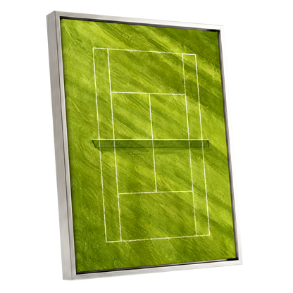 The Quiet Court, green, white, black minimalist wall art shown as a silver framed canvas wall art