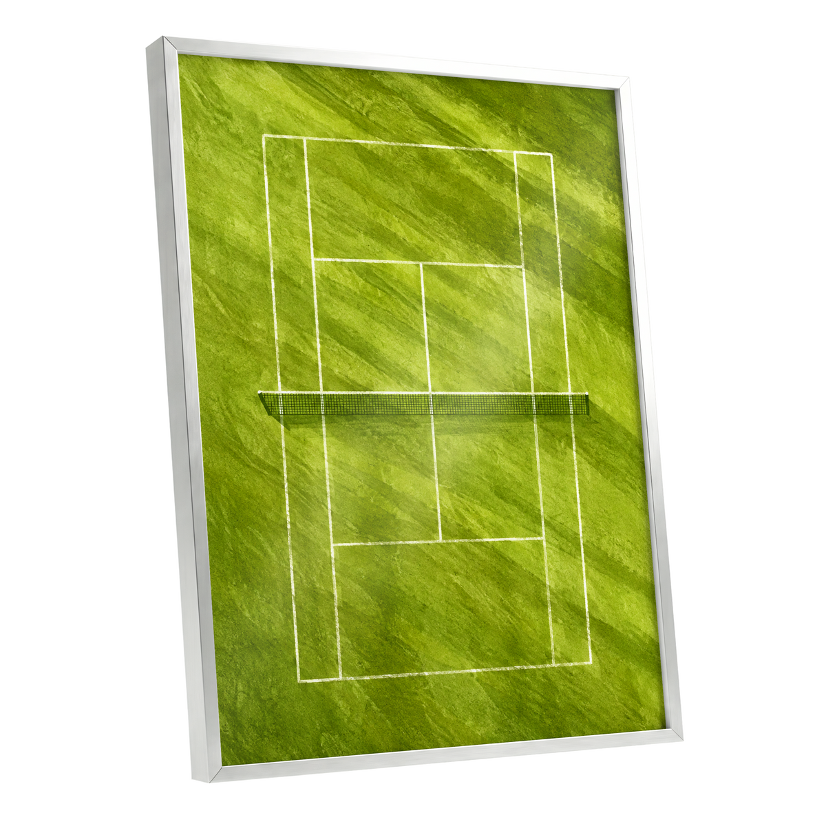 The Quiet Court, green, white, black minimalist wall art shown as a silver framed poster wall art print