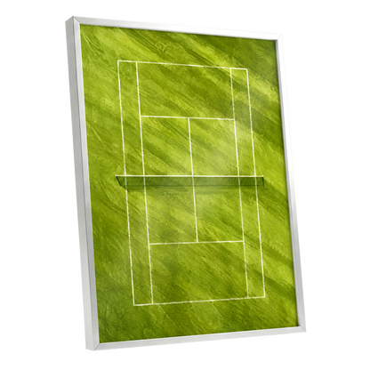 The Quiet Court, green, white, black minimalist wall art shown as a silver framed poster wall art print