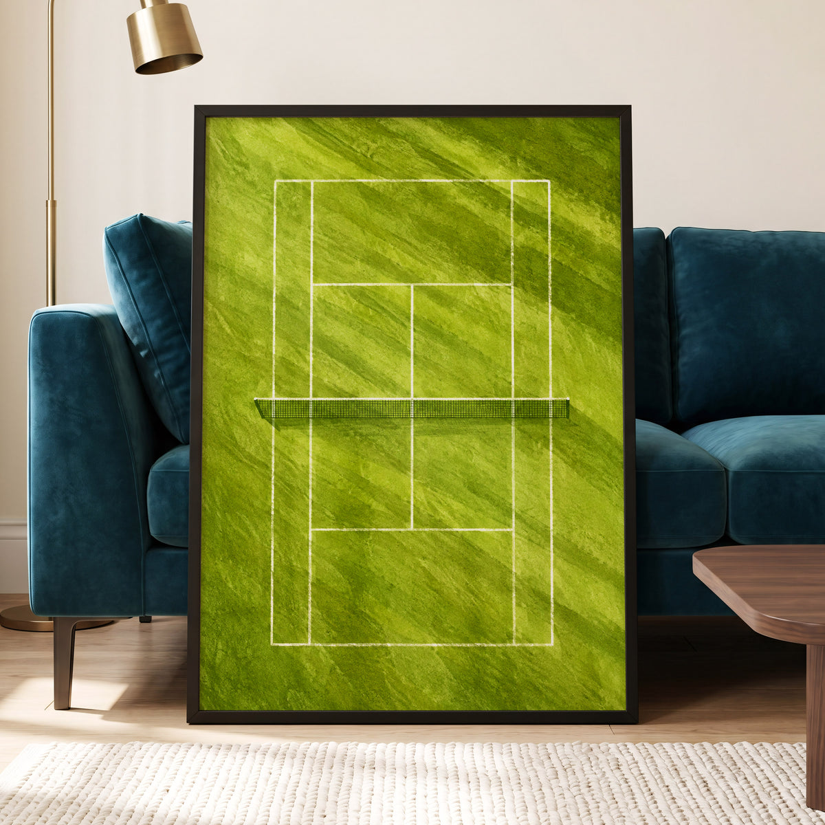 The Quiet Court, green, white, black minimalist wall art displayed in a styled interior, gallery view 2