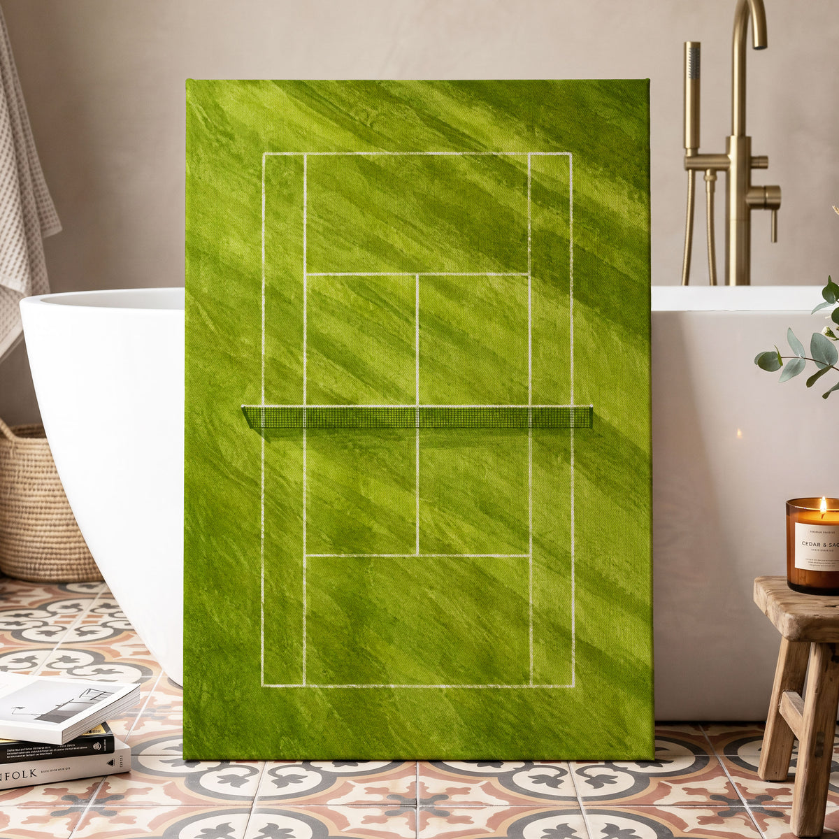 The Quiet Court, green, white, black minimalist wall art displayed in a styled interior, gallery view 3