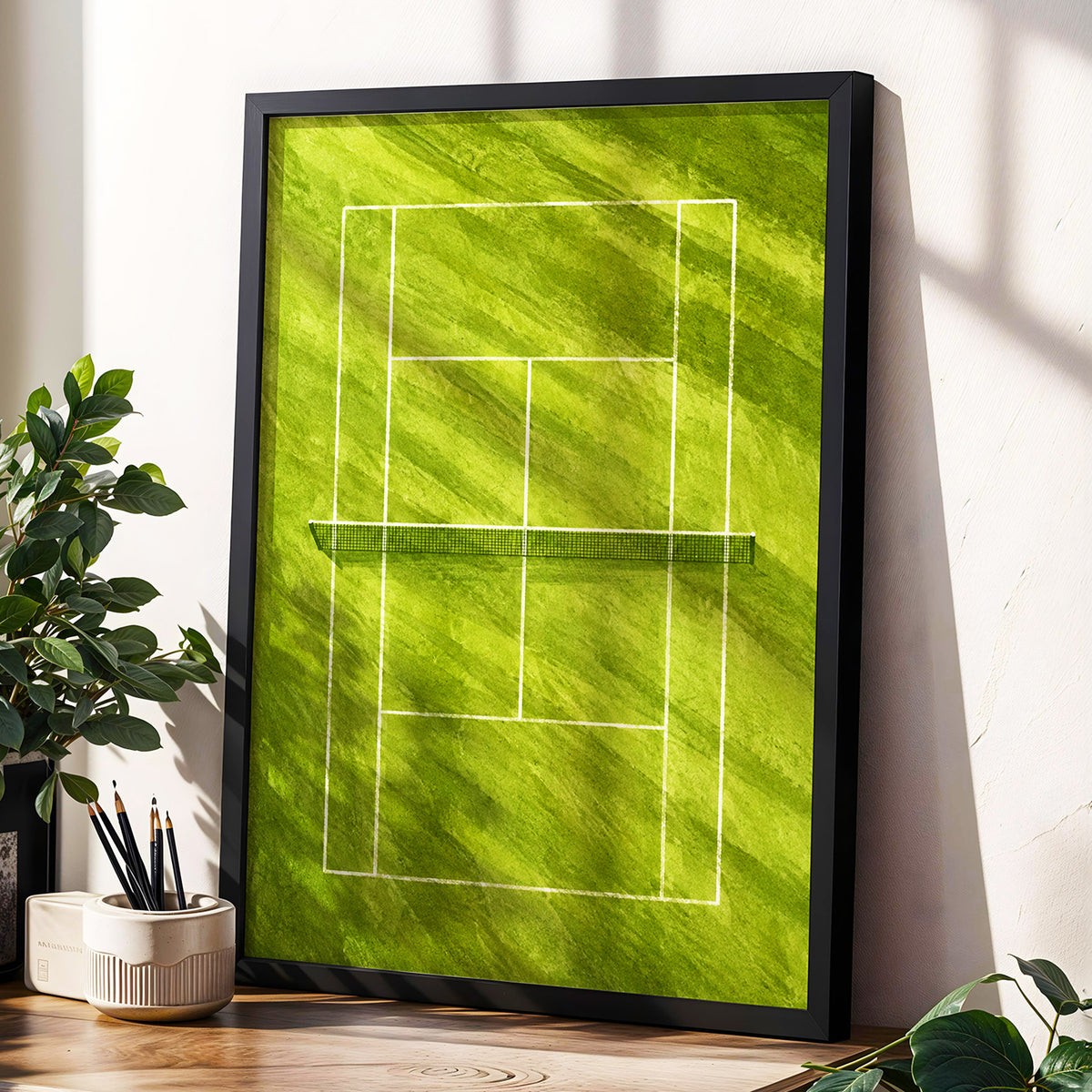 The Quiet Court, green, white, black minimalist wall art displayed in a styled interior, gallery view 6