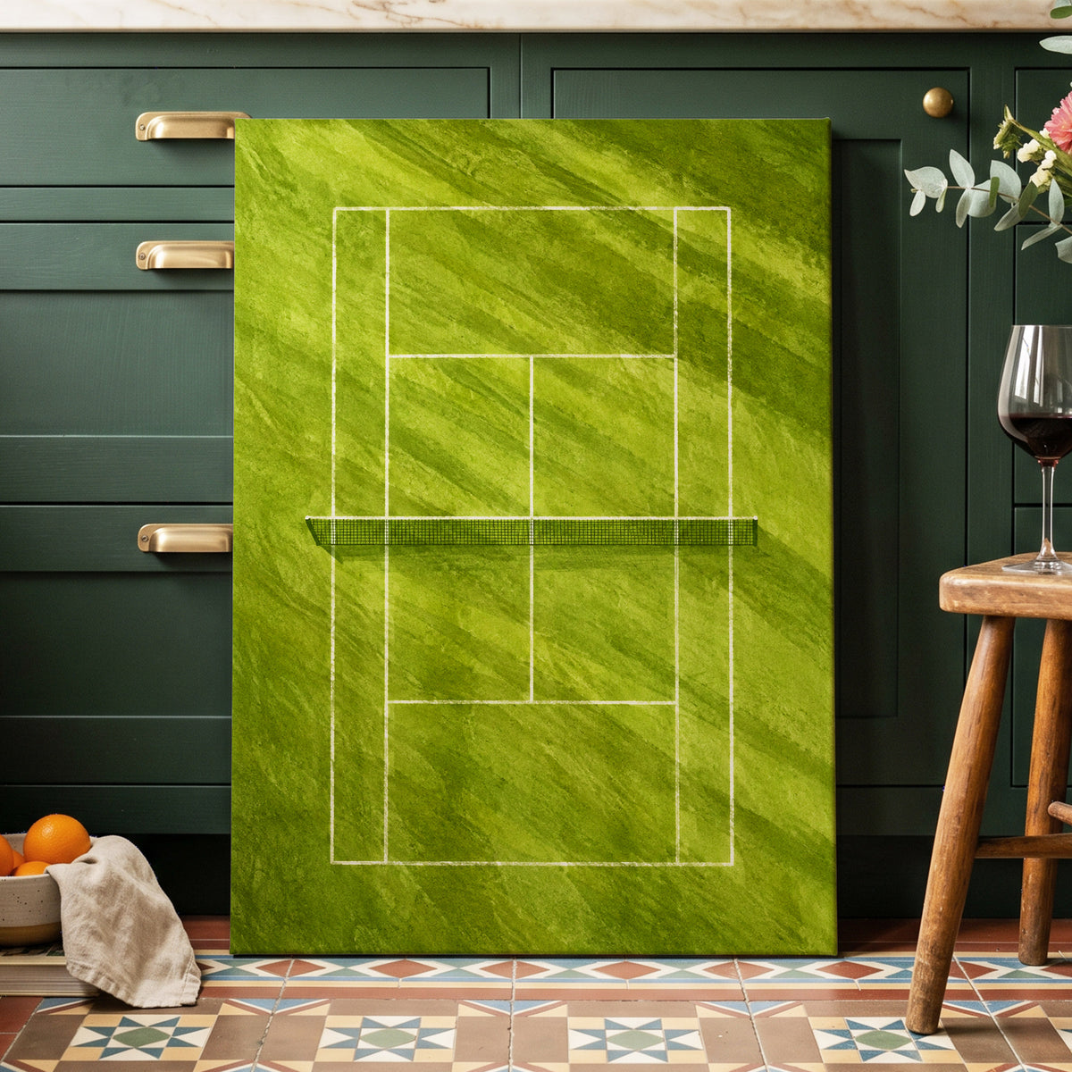The Quiet Court, green, white, black minimalist wall art displayed in a styled interior, gallery view 7