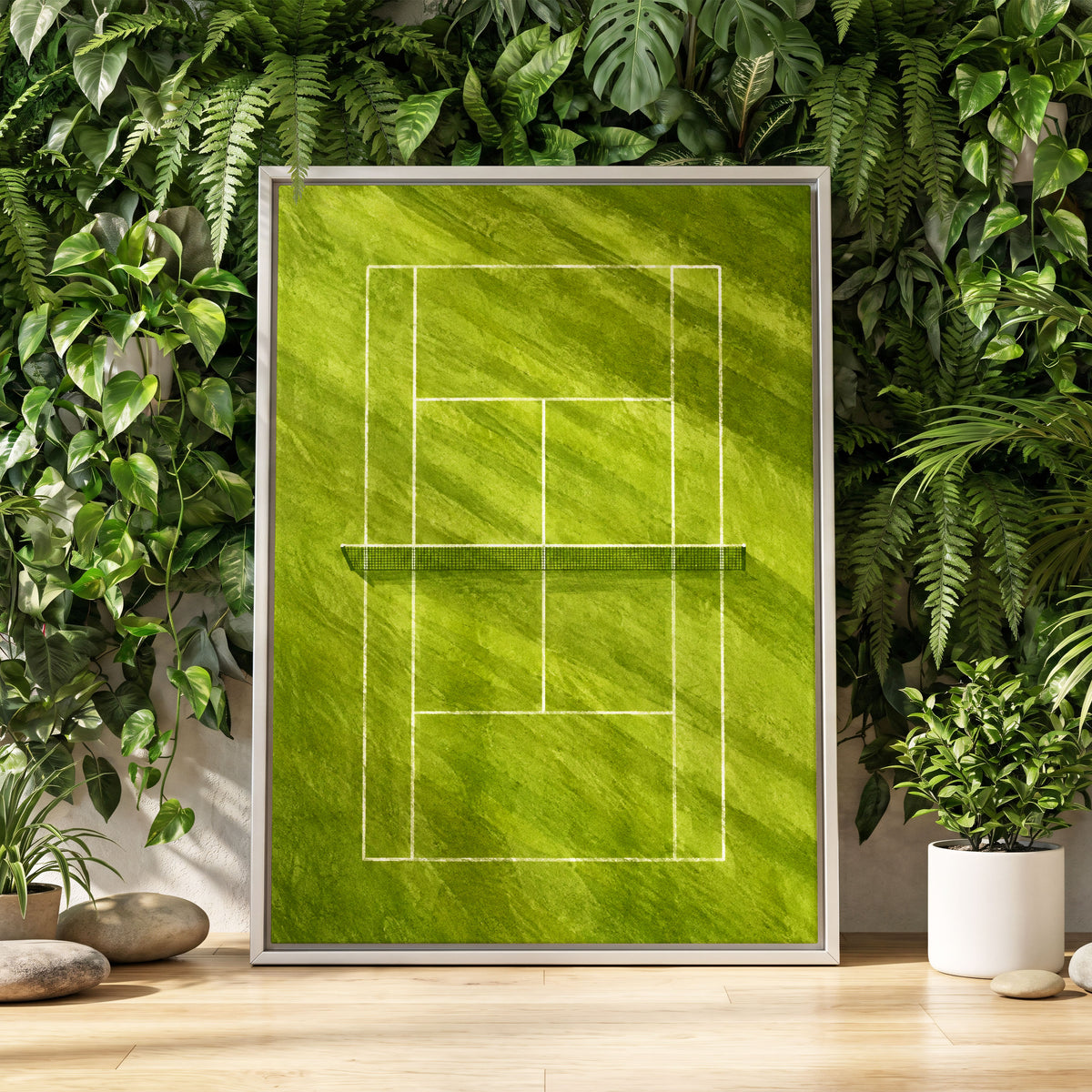 The Quiet Court, green, white, black minimalist wall art displayed in a styled interior, gallery view 8