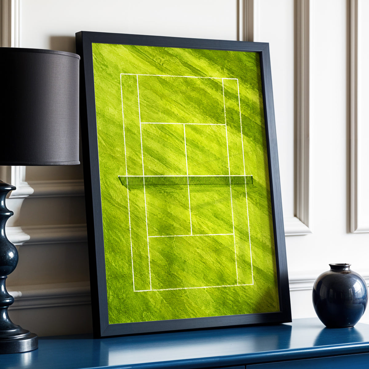 The Quiet Court, green, white, black minimalist wall art displayed in a styled interior, gallery view 9