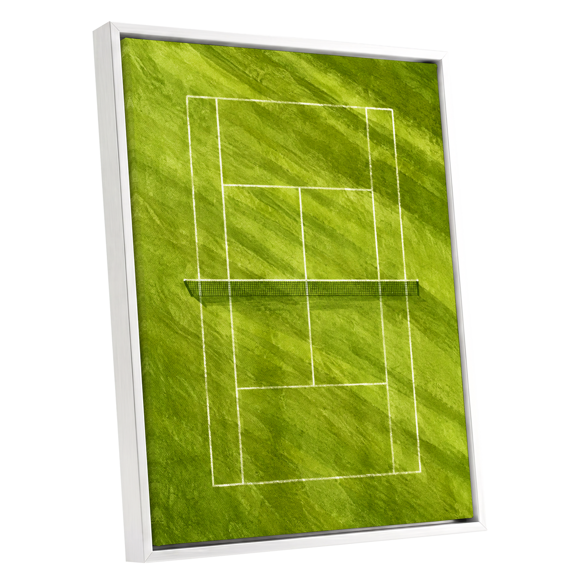 The Quiet Court, green, white, black minimalist wall art shown as a white framed canvas wall art