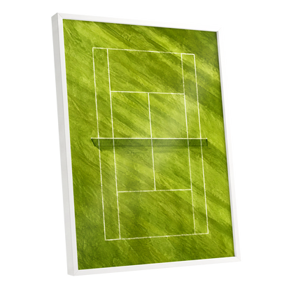 The Quiet Court, green, white, black minimalist wall art shown as a white framed poster wall art print