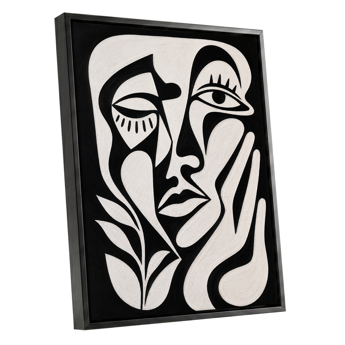 The Quiet Gaze, black, white, beige abstract wall art shown as a black framed canvas wall art