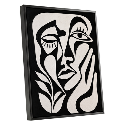 The Quiet Gaze, black, white, beige abstract wall art shown as a black framed canvas wall art