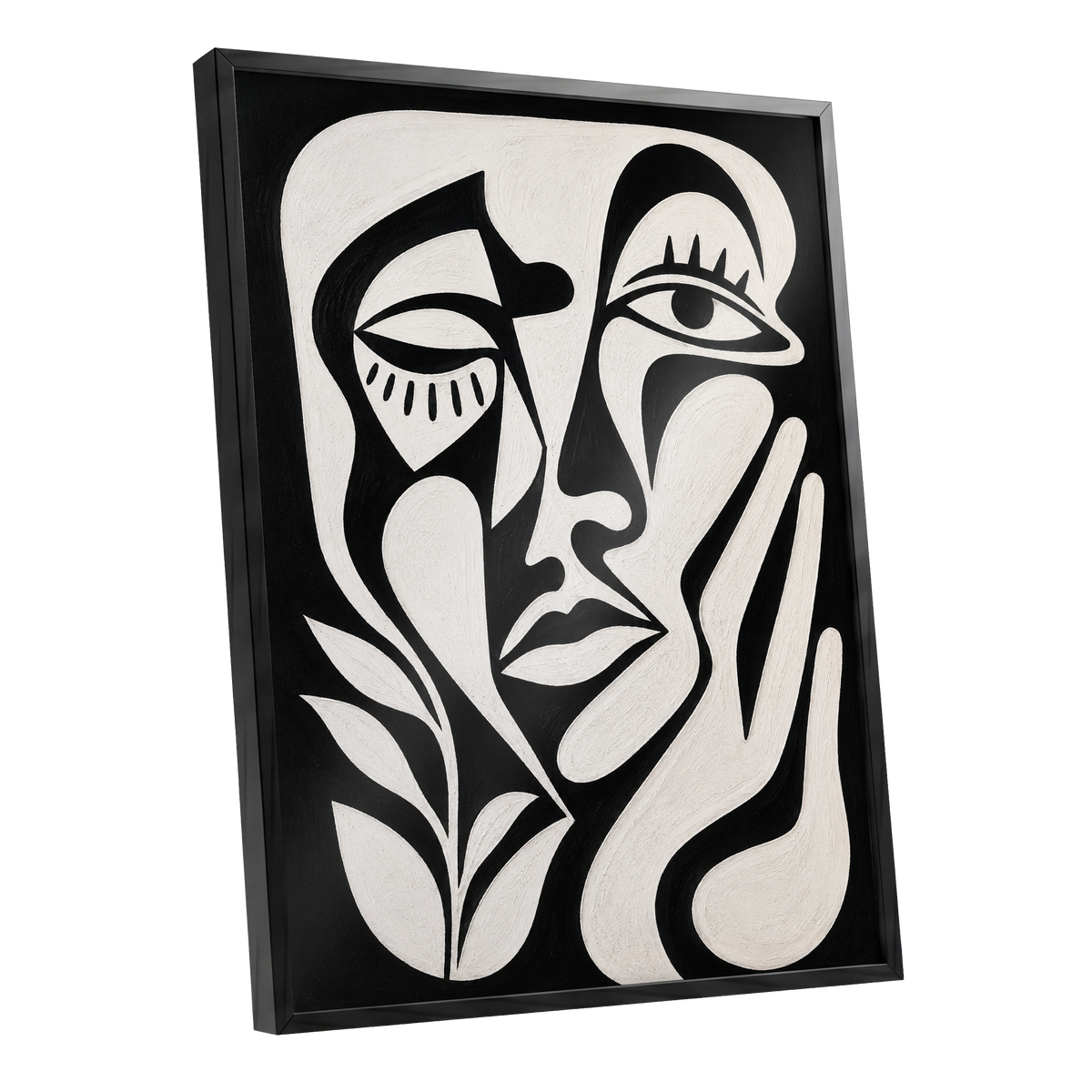The Quiet Gaze, black, white, beige abstract wall art shown as a black framed poster wall art print