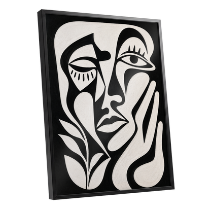 The Quiet Gaze, black, white, beige abstract wall art shown as a black framed poster wall art print