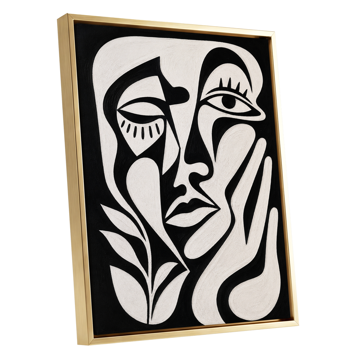 The Quiet Gaze, black, white, beige abstract wall art shown as a gold framed canvas wall art