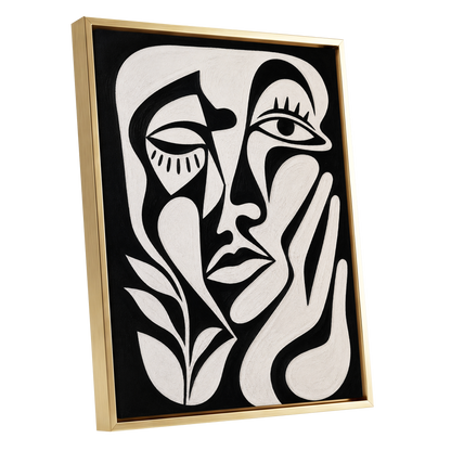 The Quiet Gaze, black, white, beige abstract wall art shown as a gold framed canvas wall art