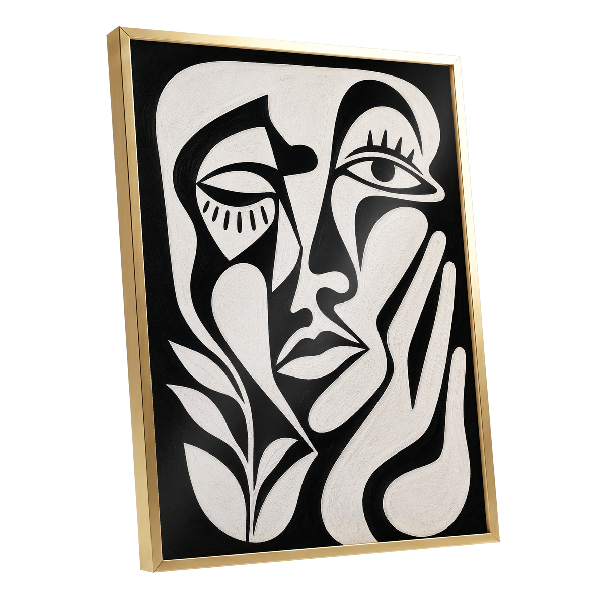The Quiet Gaze, black, white, beige abstract wall art shown as a gold framed poster wall art print