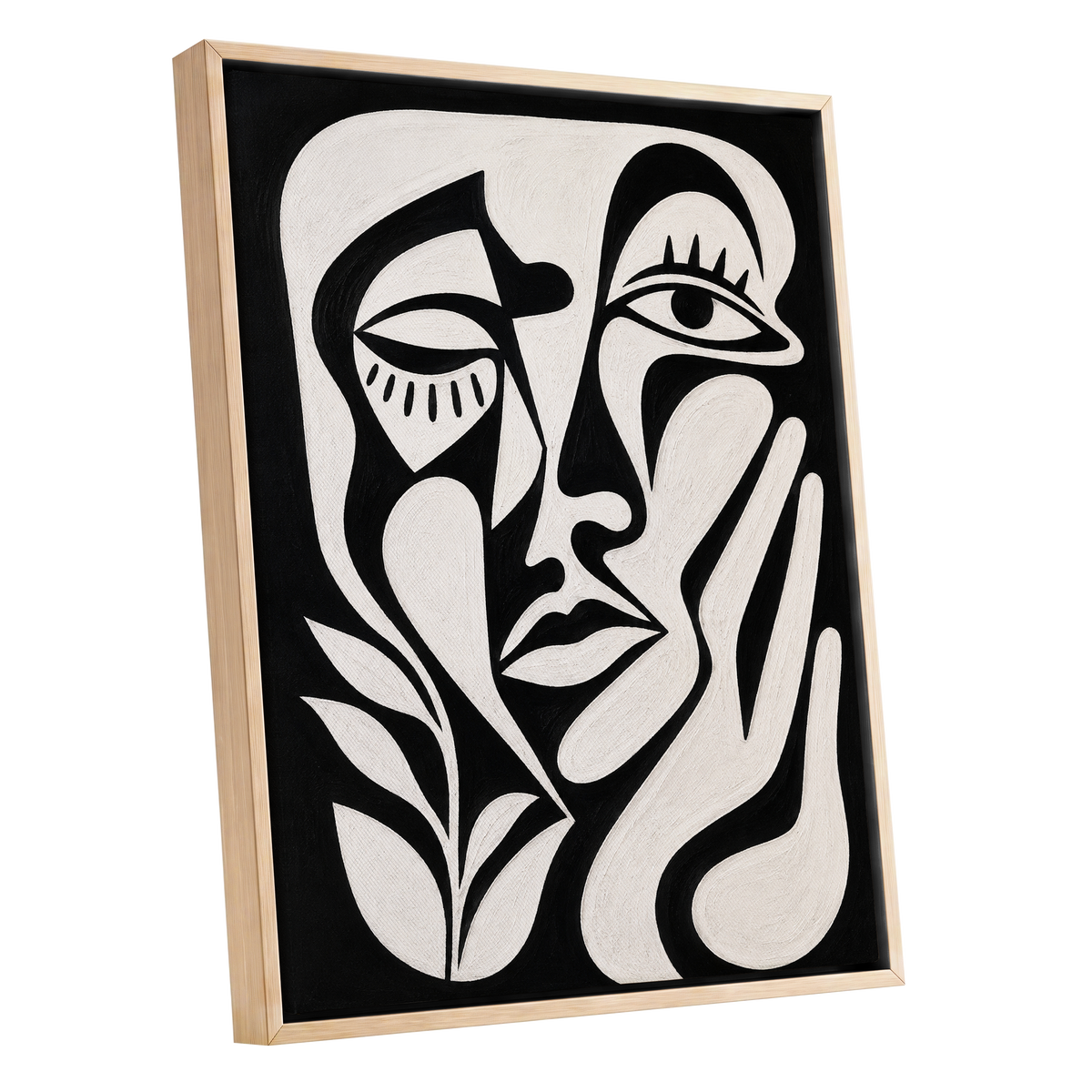 The Quiet Gaze, black, white, beige abstract wall art shown as a oak framed canvas wall art