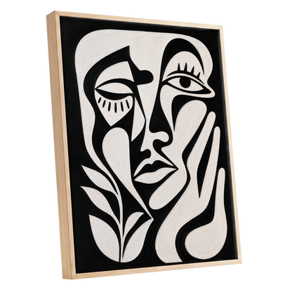 The Quiet Gaze, black, white, beige abstract wall art shown as a oak framed canvas wall art