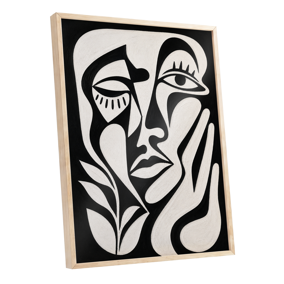 The Quiet Gaze, black, white, beige abstract wall art shown as a oak framed poster wall art print