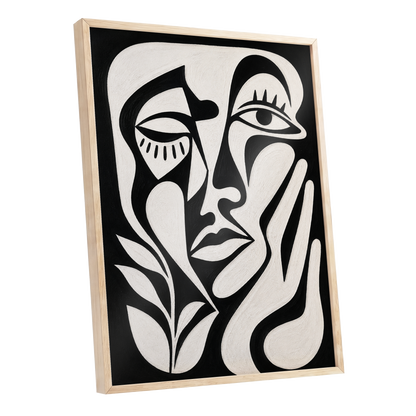 The Quiet Gaze, black, white, beige abstract wall art shown as a oak framed poster wall art print