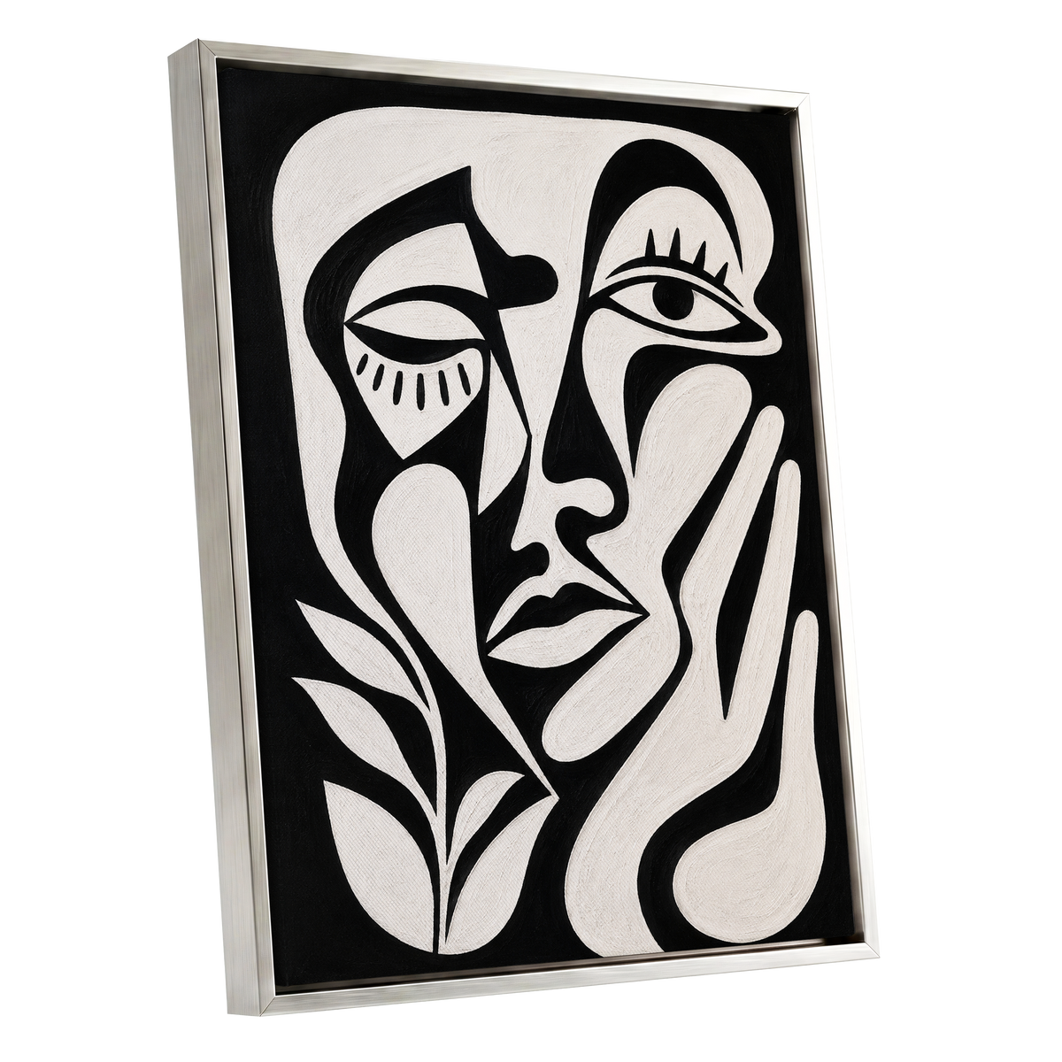 The Quiet Gaze, black, white, beige abstract wall art shown as a silver framed canvas wall art