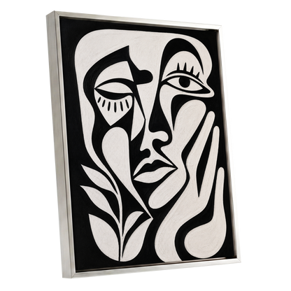 The Quiet Gaze, black, white, beige abstract wall art shown as a silver framed canvas wall art