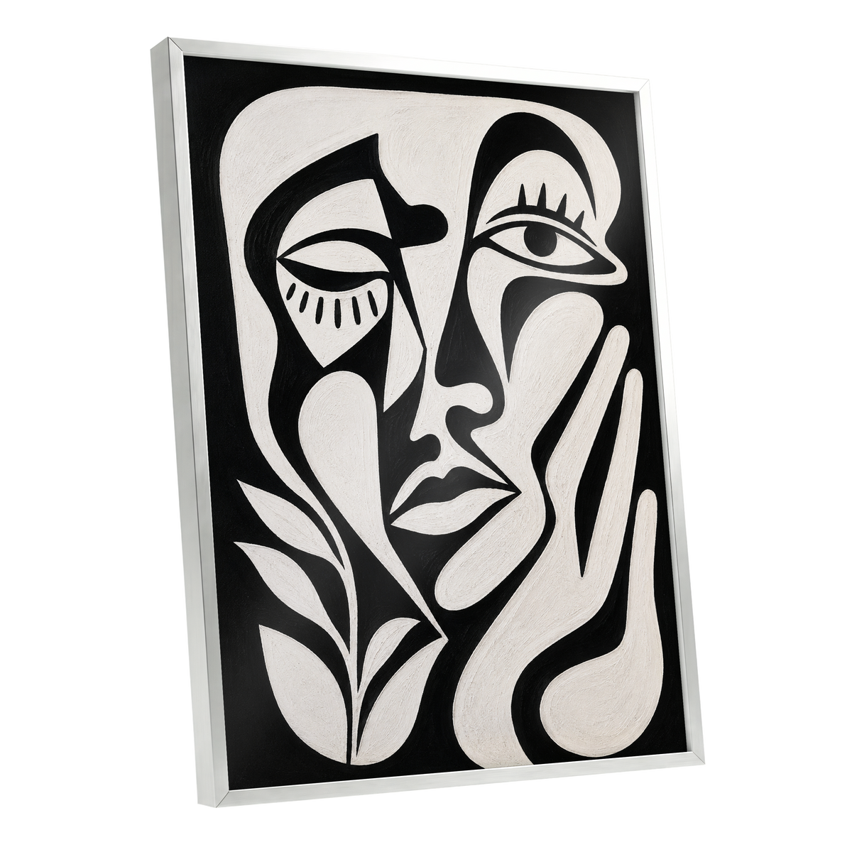 The Quiet Gaze, black, white, beige abstract wall art shown as a silver framed poster wall art print