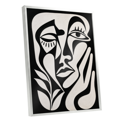 The Quiet Gaze, black, white, beige abstract wall art shown as a silver framed poster wall art print