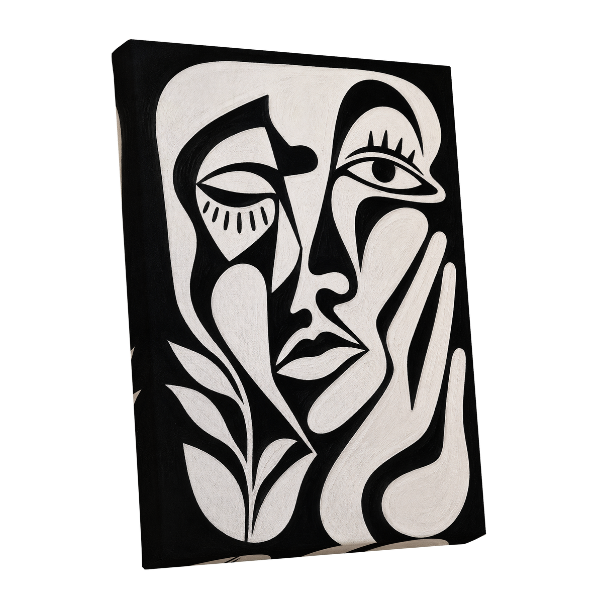 The Quiet Gaze, black, white, beige abstract wall art shown as a stretched canvas wall art